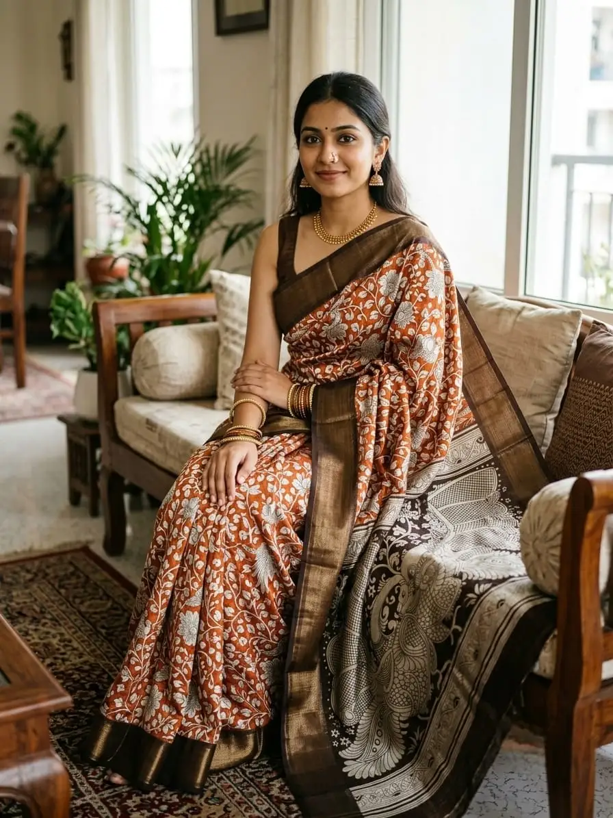 Rust Orange Block Print Floral Jaal Linen Cotton Saree